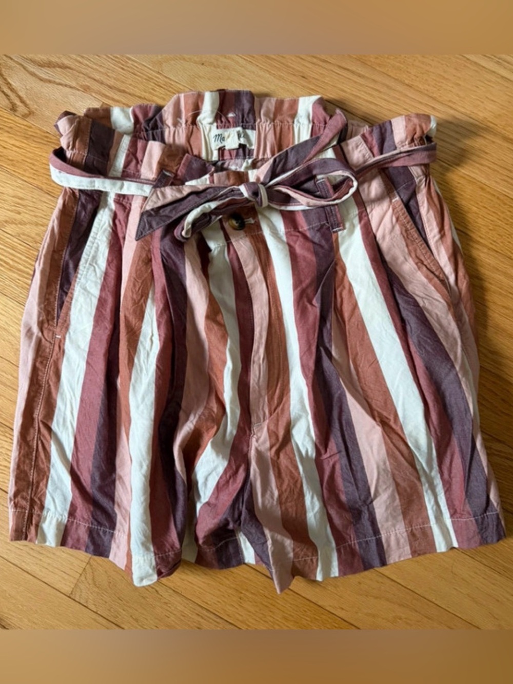 Size 12 Madewell linen rainbow high waisted striped paper bag shorts with sash